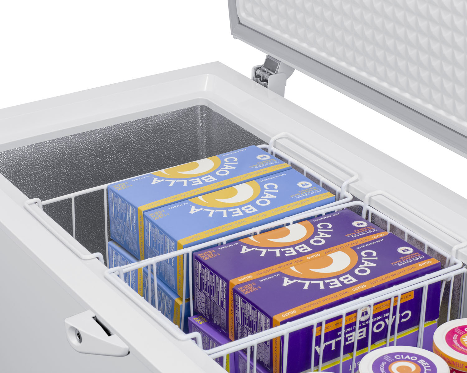 Commercially listed 6.7 cu.ft. manual defrost chest freezer in white with stainless steel corner guards and lock